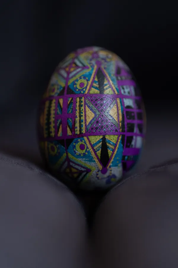 Image of pysanka by Dzvinka Zagayska, size: 25*25, made of dye, wax, chicken egg, Pysanky medium, from Lviv, part of the 2024 series, priced at $5500 Photo 1 of 7.